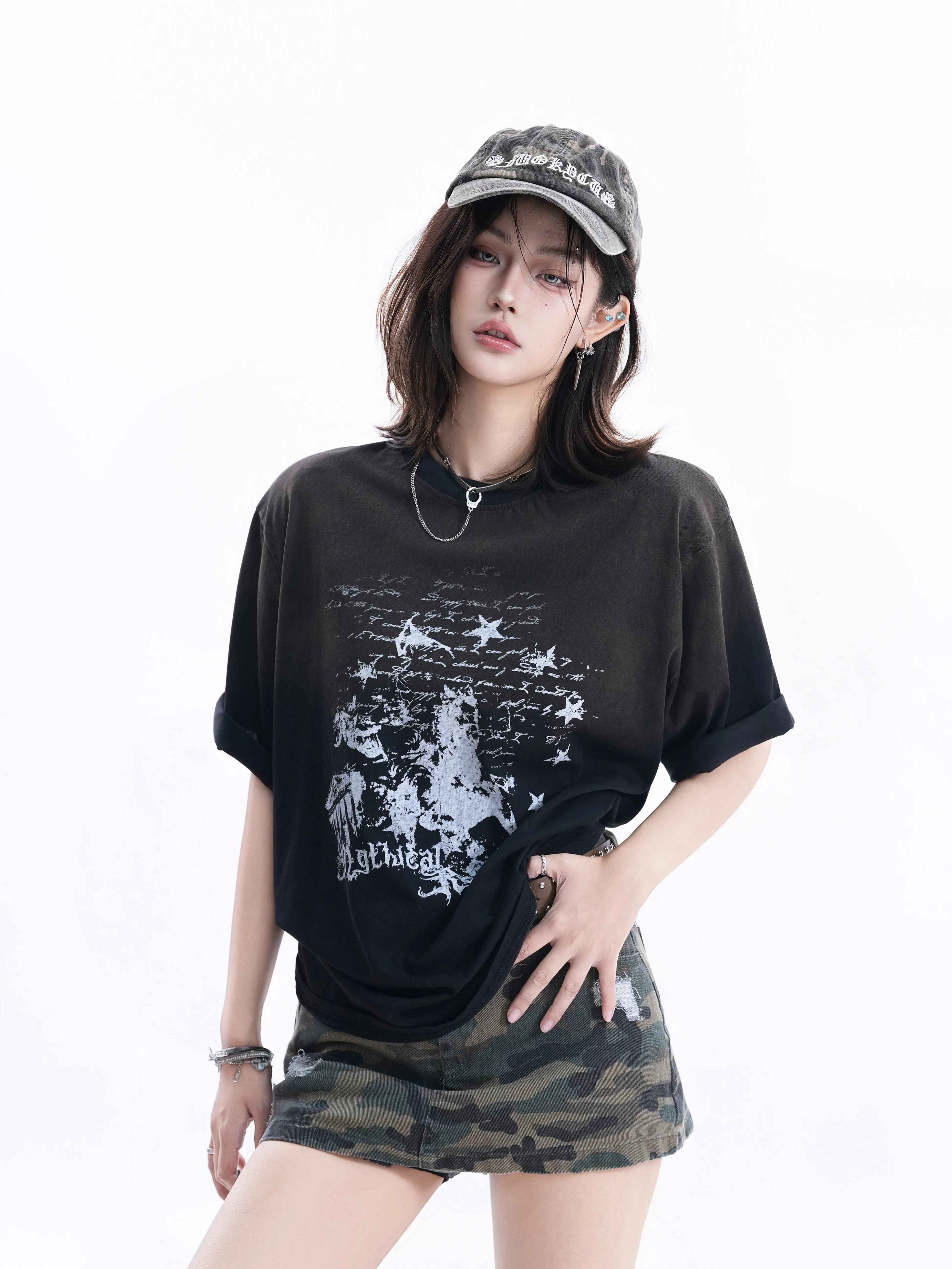 

Retro Distressed Short Sleeve T-Shirt Women's Loose Fit Print American Street Style Couple Match Cotton Casual Top