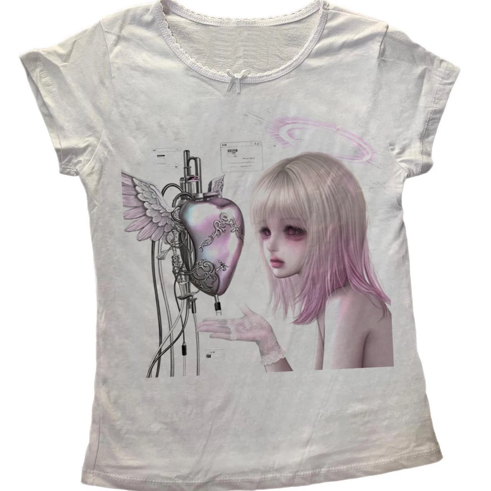 Cyber Angel Mechanical Heart Gothic Print Women Long Sleeve Top Crew Neck Slim Fairy Grunge Y2K Dark Alt Harajuku Fitted Tee