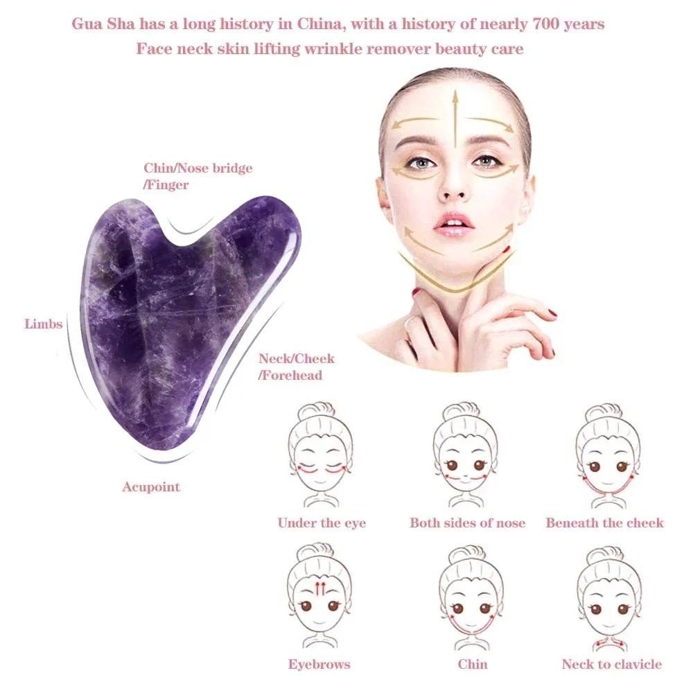 천연 자수정 옥 구아샤 구아슈 스크레이퍼 마사지기, 얇은 얼굴 피부 리프팅, 페이셜 스크레이퍼