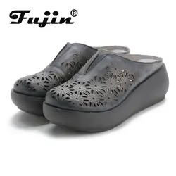 Fujin 5cm moda nowe oryginalne skórzane slajdy letnie buty platforma klin kobiety sztukateria kapcie Slip on Hollow projektant panie