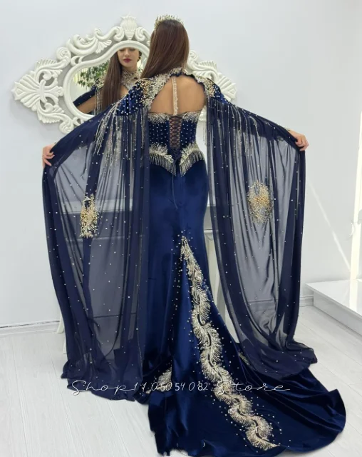 Traditional Naval Blue Wedding Dress Arabic Ottoman Moroccan Mermaid-cut Gown Beading Long Sleeve Muslim Bridal Party Customized