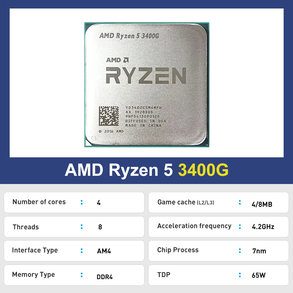 AMD R5 3400G New Ryzen 5 3400g CPU Processor 4.2 GHz 4-Core 8-Thread PCIe 3.0 L3=8M DDR4 TDP 65W Socket AM4 but without cooler