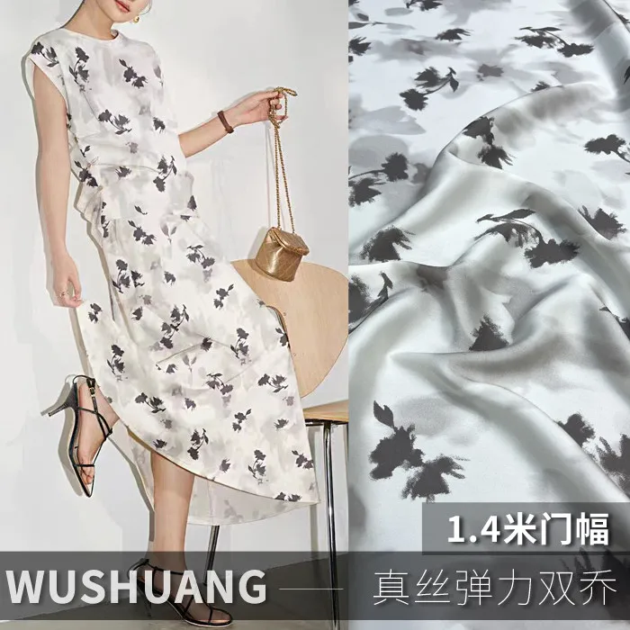 Real Silk Fabric Elastic Double Georgette Wabi-**** Dress, Ink Dyed Stars