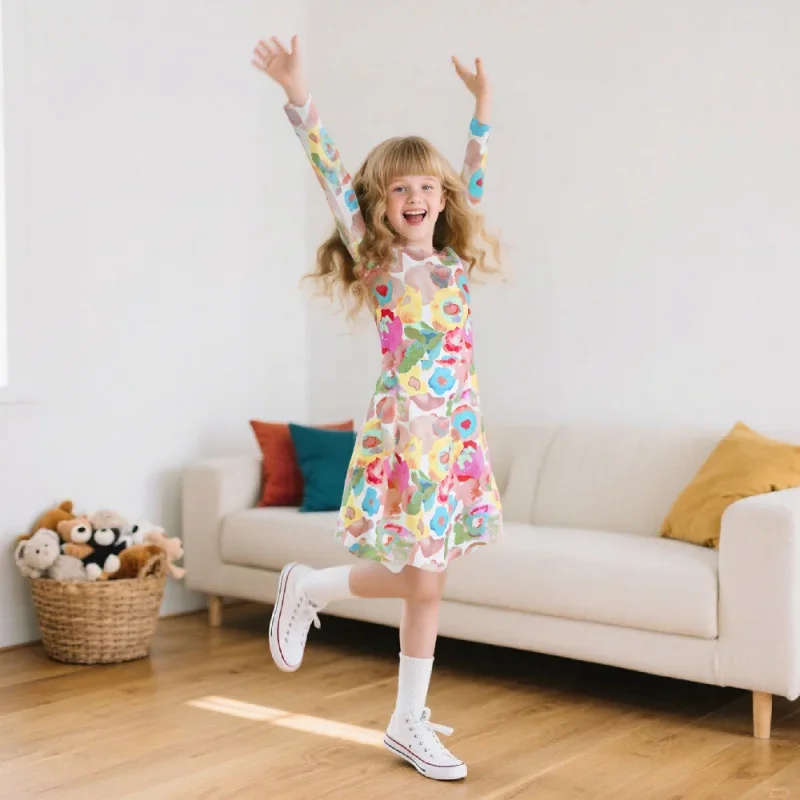 Girls Long Sleeve Watercolor Floral Print Dress Children's Fashion Cross-Border 2026 Hot-Selling Dress