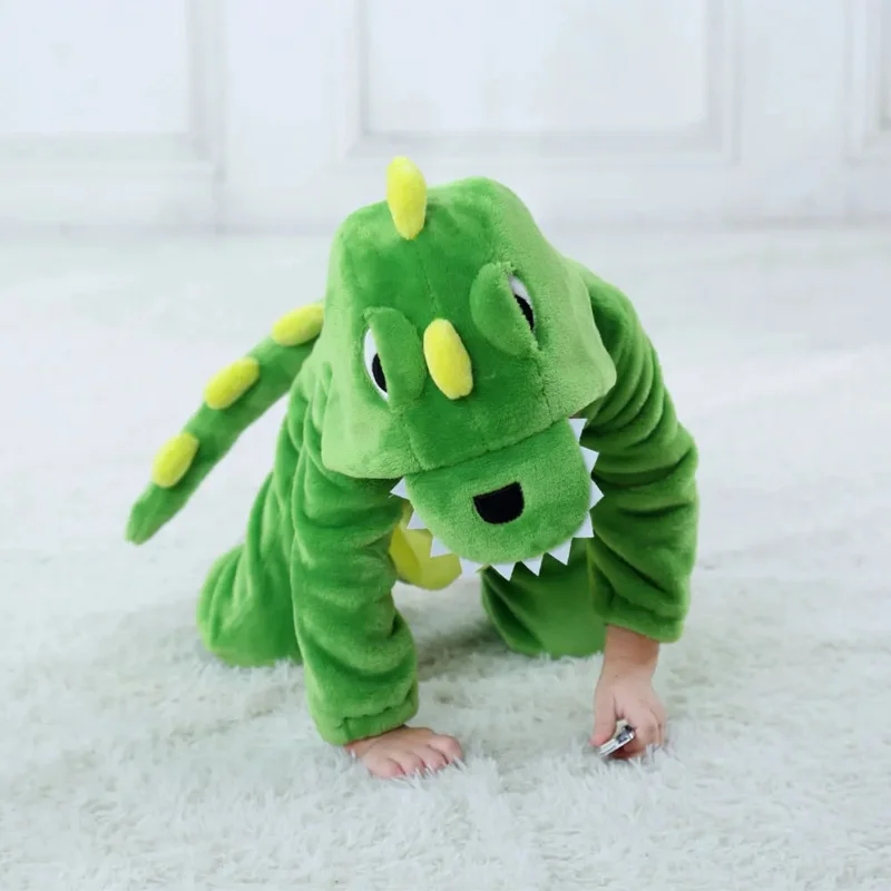 Kostum hewan kartun bayi dinosaurus Kigurumi hijau Bodysuit anak balita bayi Jumpsuit Onesie flanel Anime nyaman