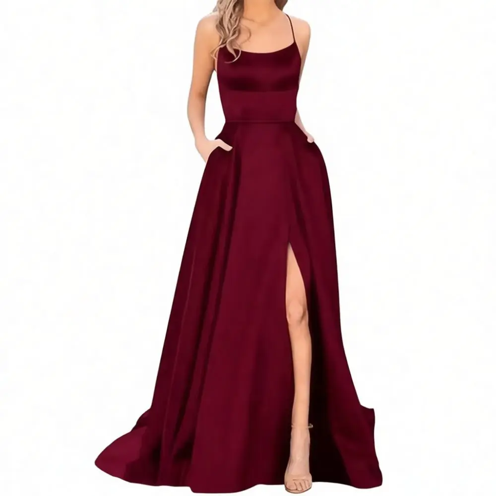 Elegant Bridesmaid Gown Long Maxi Dress Sleeveless Backless Solid Color Formal Wedding Evening Party Gowns For Women