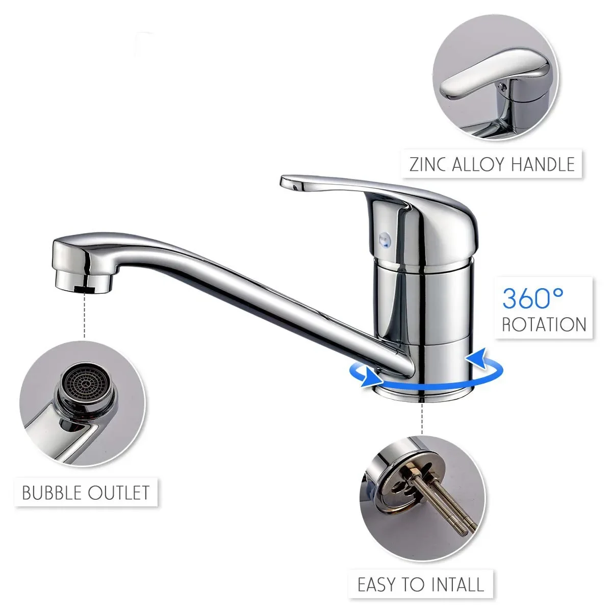 360° Rotatable Single-Hole Faucet - Kitchen Sink Faucet - Hot and Cold Water Splash-Proof, with G1/2 Inlet Pipe