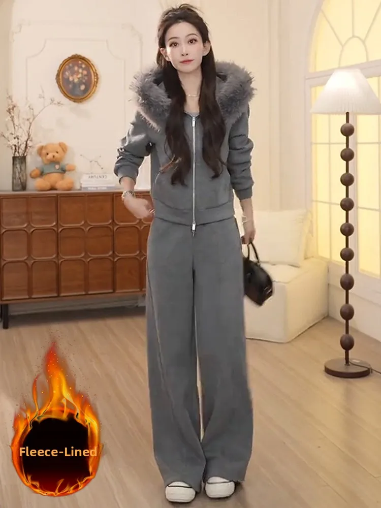 

Gray Fleece Lined Thickened Winter Coat with Fur Collar Casual Top And Wide Leg Pants Women's Two Piece Set Comfortable Loose...