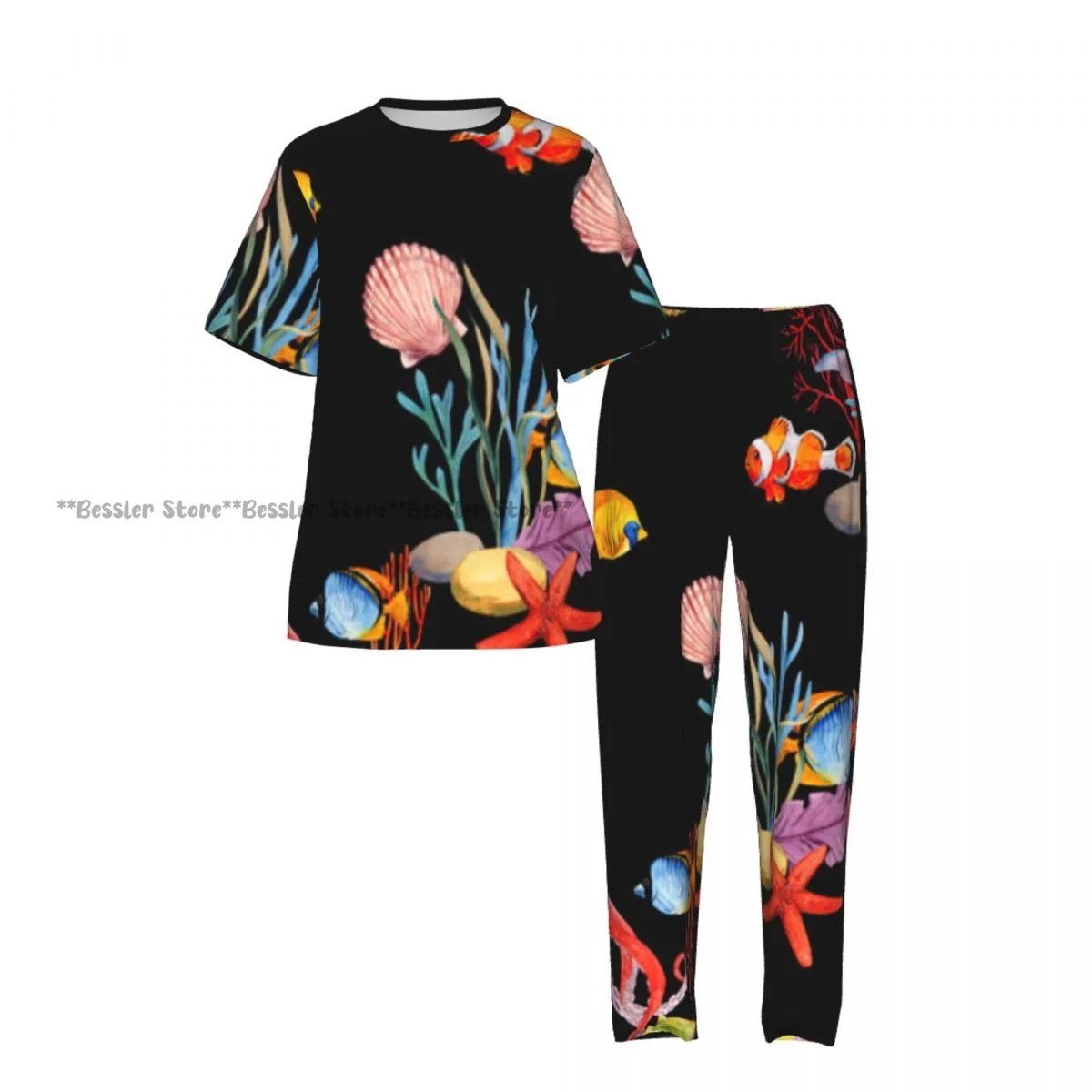 Women's 2-piece set Tropical Fish Pajamas Short sleeved Top and Pants Sleepwear