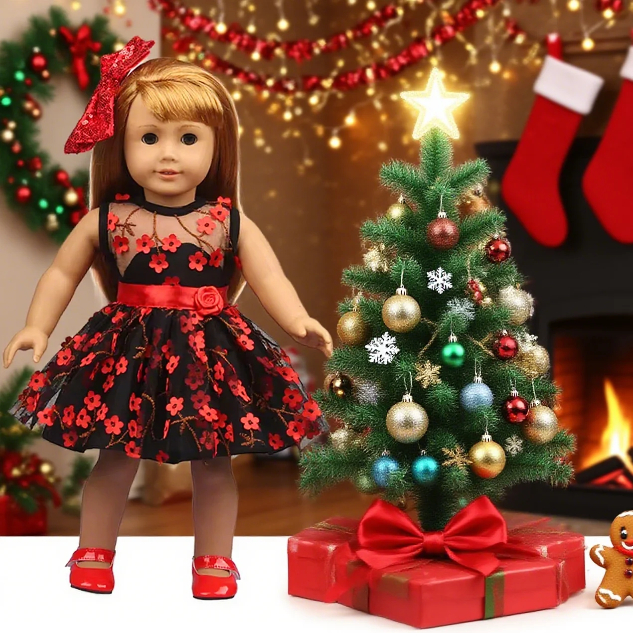 

Christmas Style Exquisite Mesh Mini Dress Patchwork Flower Princess Accessories Doll Cosplay Party Dress Up Game Props