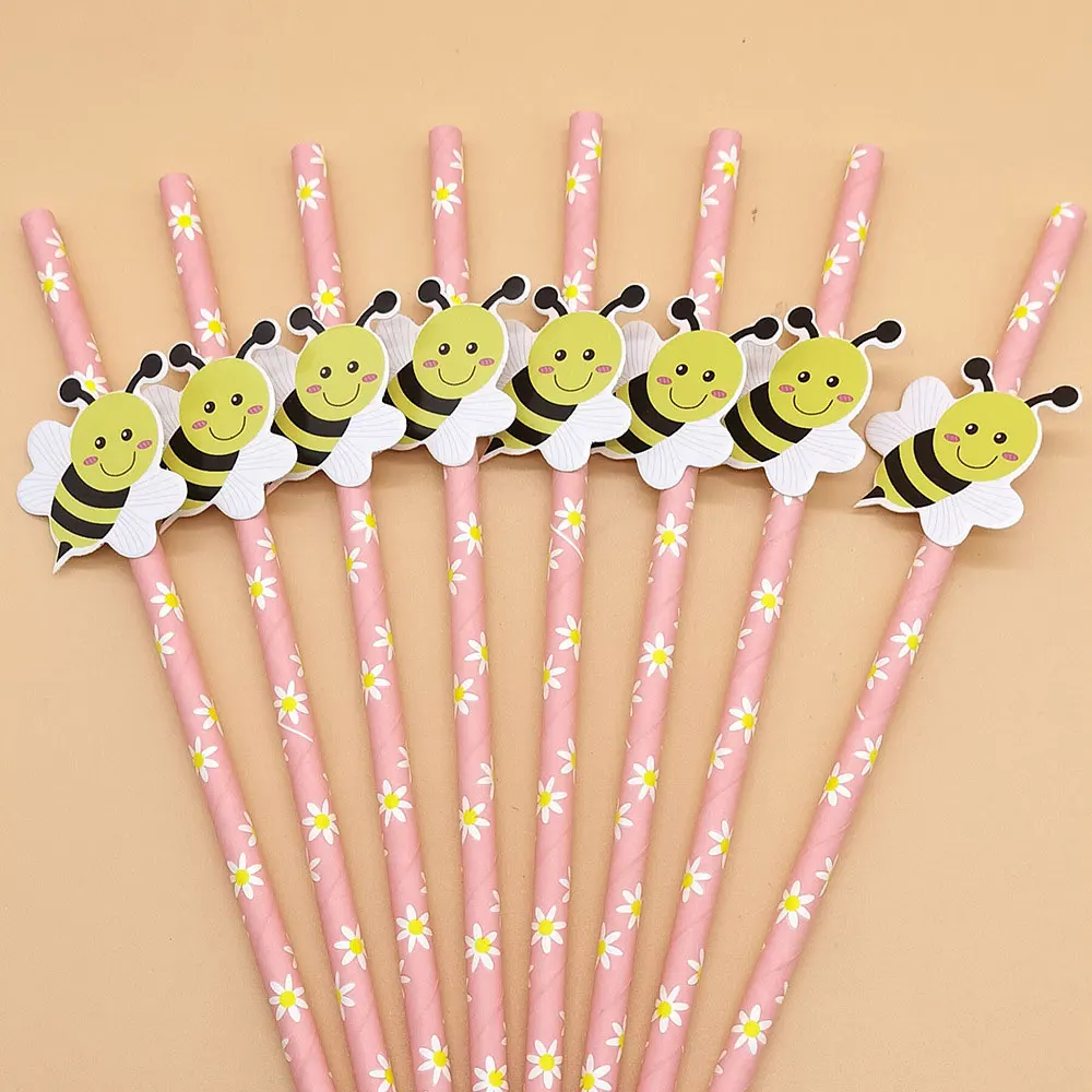 10/30Pcs Sweet Bee Theme Disposable Paper Straws Bar Drinking Straw Tableware for Kids Birthday Baby Shower Party Decorations