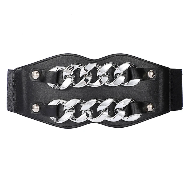 Simple Women Waist Belt Elastic Vintage PU Leather Corset with Geometric Chain