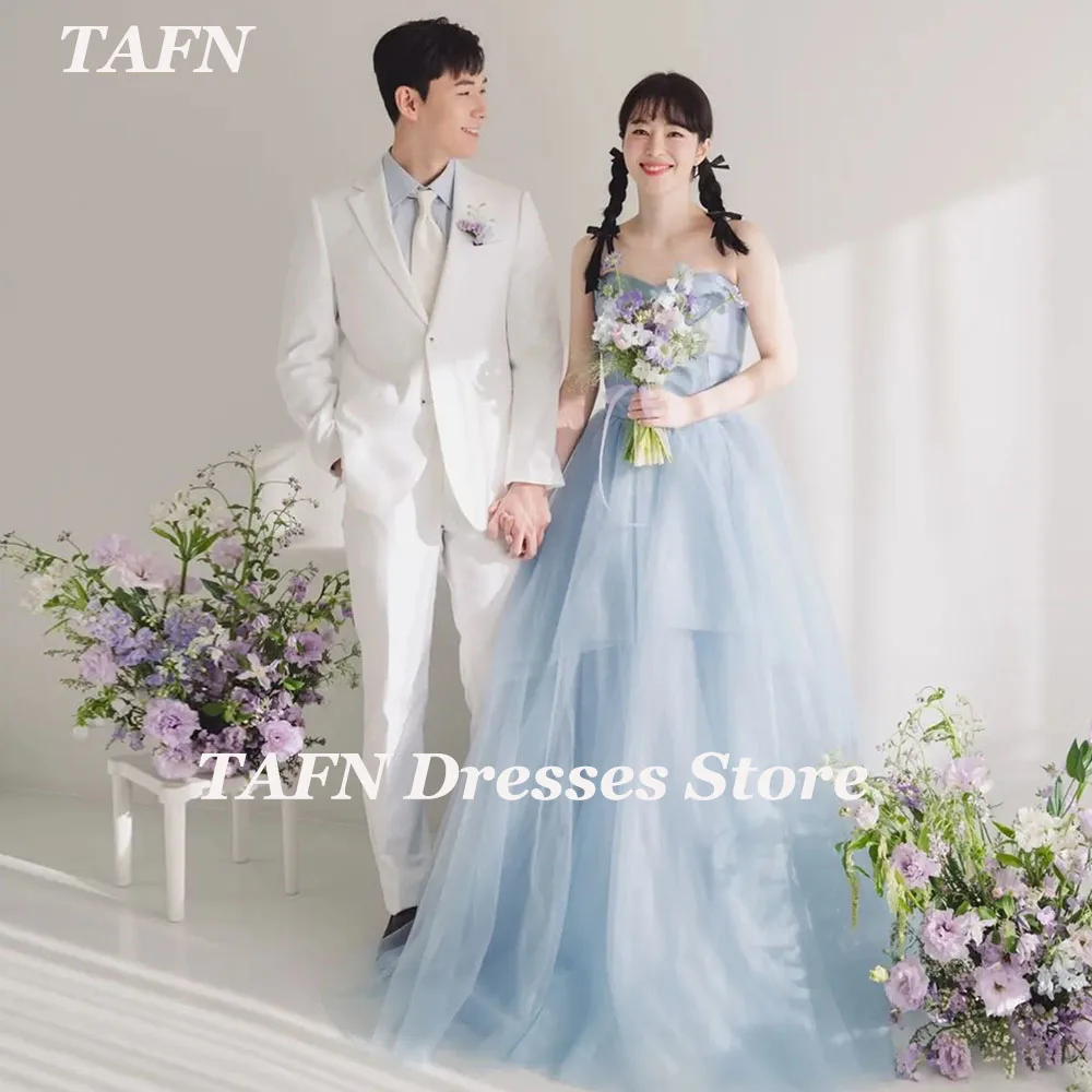 

TAFN Baby Blue Wedding Dresses Sleeveless Tulle Korea Photo Shoot Bridal Gown Custom Made A-line Sweep Train Strapless Dresses