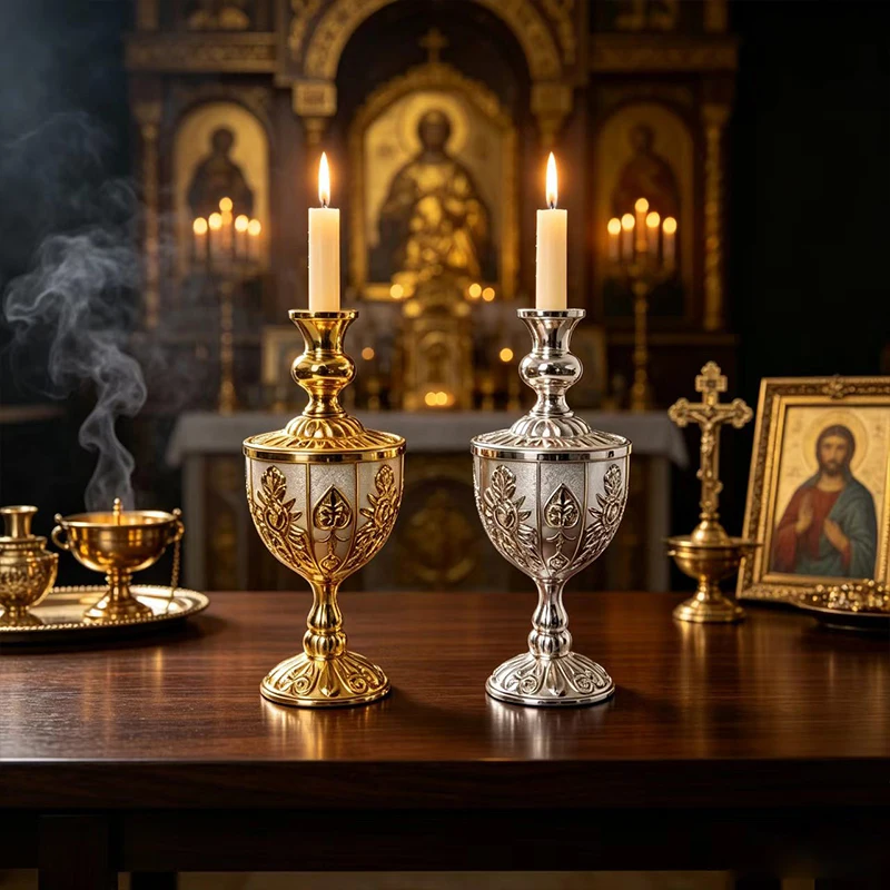 Verzierte Gold-Metall Orthodoxe Vigil-Lampe Roter Glas-Kerzenhalter mit Kreuz Emaille-Lampe für Heim-Altar Christliches Religiöses Geschenk – Detail 2