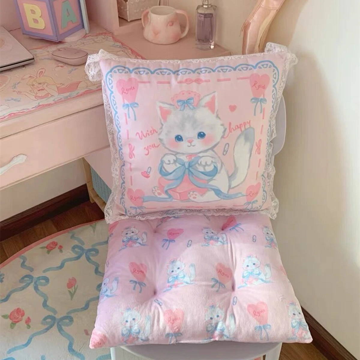 Cartoon Cushion Cover with Ruffle Lace, Cute Cotton Pillow Case, Backrest Lumbar Pillow, Square Hold