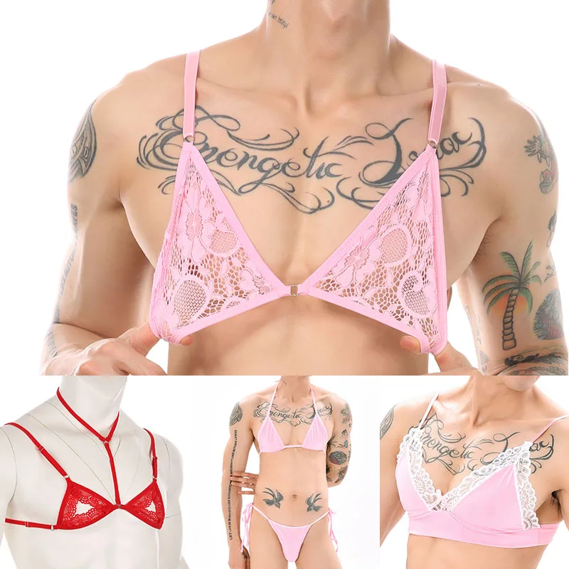 Sujetador abierto de encaje Sexy para hombres y mujeres, Top extremo con cuello Halter, lencería, Top corto, Bralette ajustable, ropa Gay fetiche para adultos