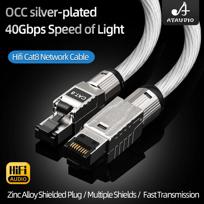 Высокоскоростной OCC посеребренный Ethernet-кабель Cat 8 ATAUDIO, 40 Гбит/с, двойной экранированный сетевой кабель для RJ45 для камеры маршрутизатора