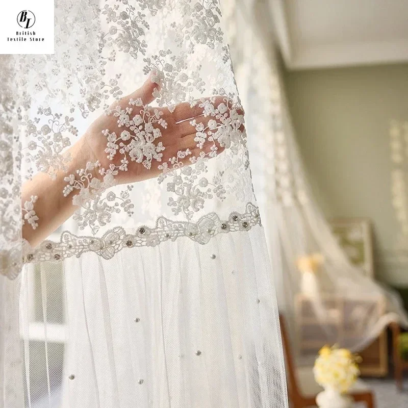 

Custom Size！！Modern Pearl Embroidery Splicing Lace Bay Window Elegant Fashion Curtains for Living Dining Room Bedroom Decor