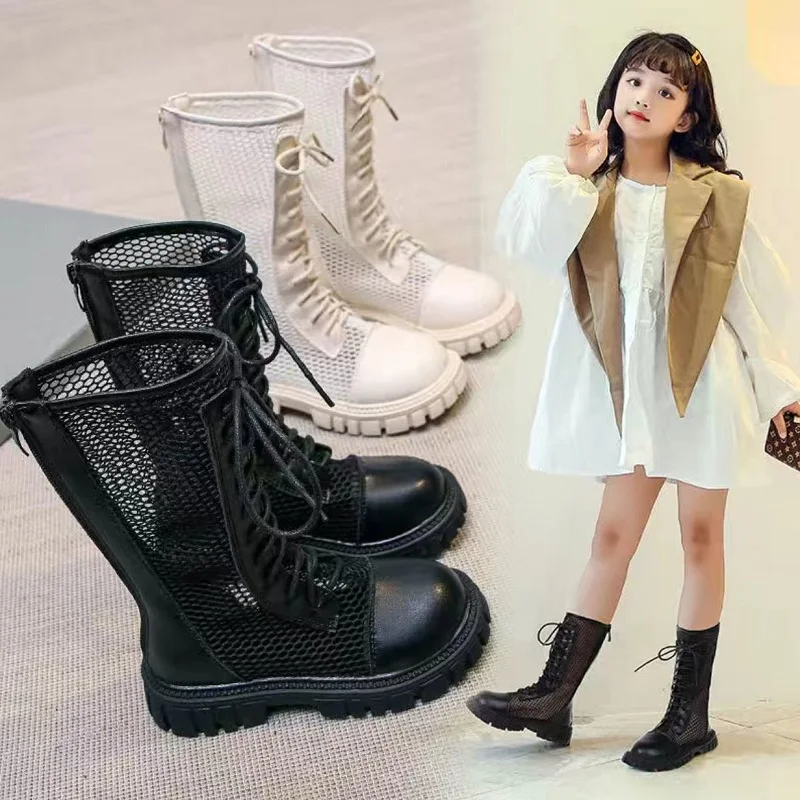 Kids Summer Zip Leather Boots Girls High Mid-Calf Net Surface Martin Boots Fashion Solid Colors Children's Non-Slip Long Boots