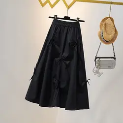 Black Bow Patchwork A-line Skirt Summer New Elastic Waist Solid Color Loose Street Casual Skirts Fashion Vintage Women Clothing