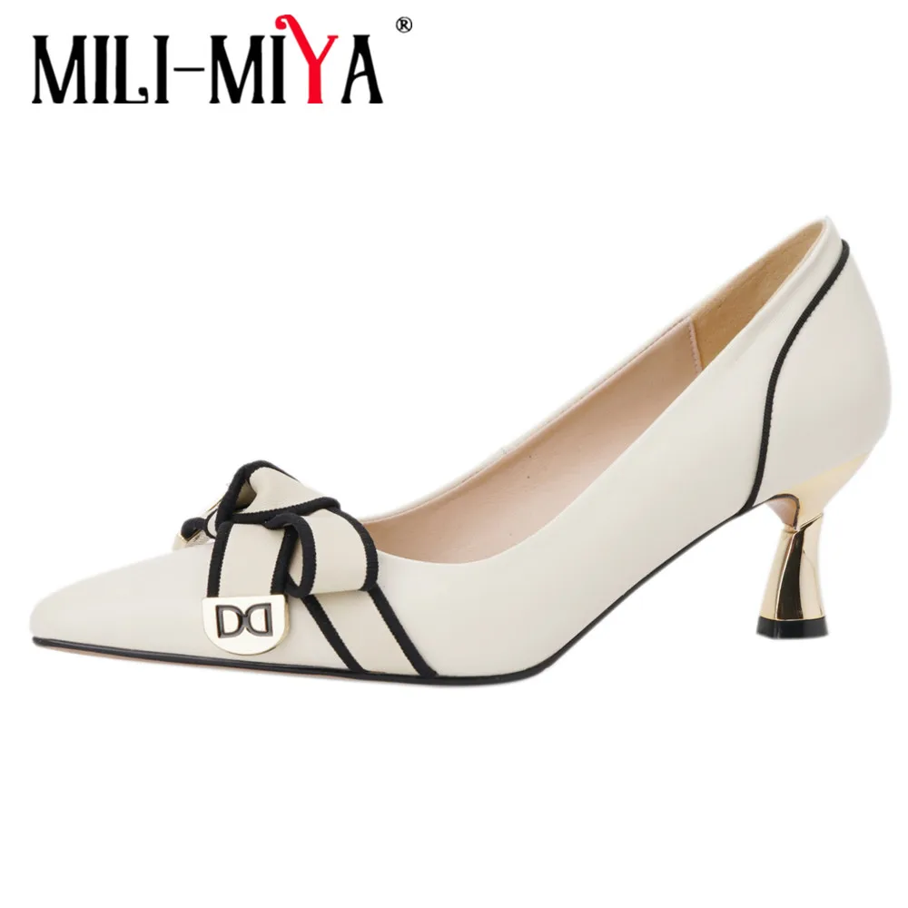 

MILI-MIYA Fashion Pointed Toe Women Cow Leather Pumps Electroplated Thick Heels Slip On Butterfly Knot Big Size 34-40 Handmade