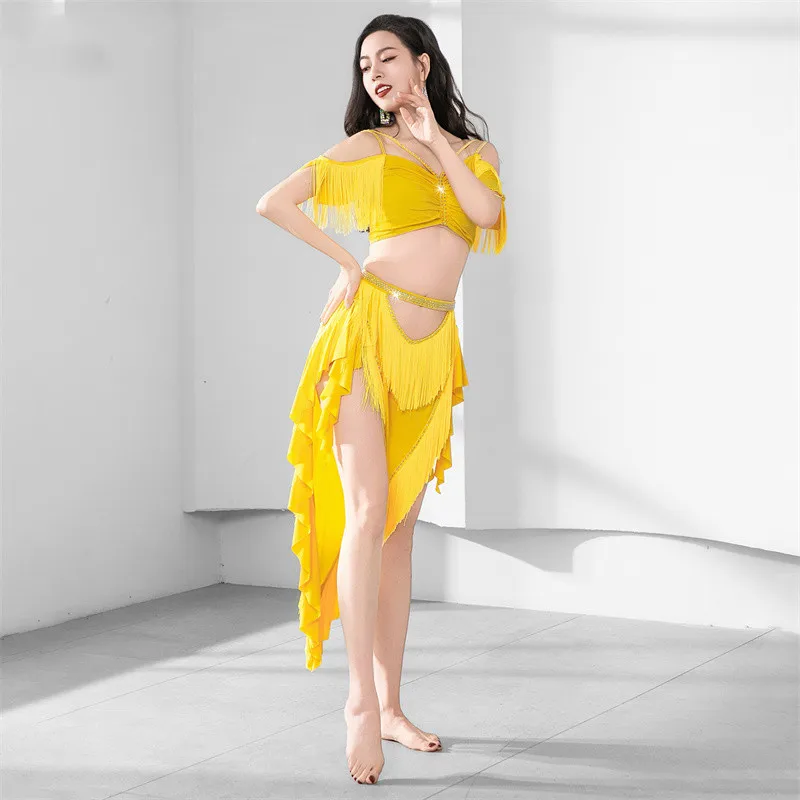 Sexy 2pcs Women Belly Dance Costume Fringe Tassel Oriental Short Skirt Lesson Wear Solo Drum Egypt Show Clothes Stage Outfit