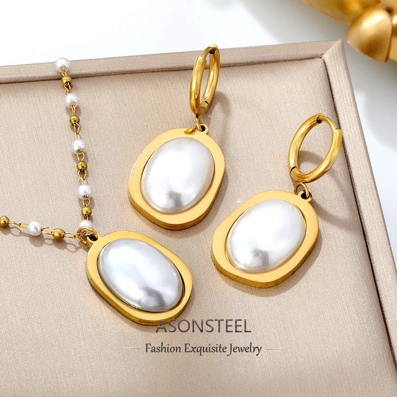 

ASONSTEEL Luxury Imitation Pearl Pendant Necklace Stud Earrings Jewelry Sets Stainless Steel For Women Jewelry Formal Occasion