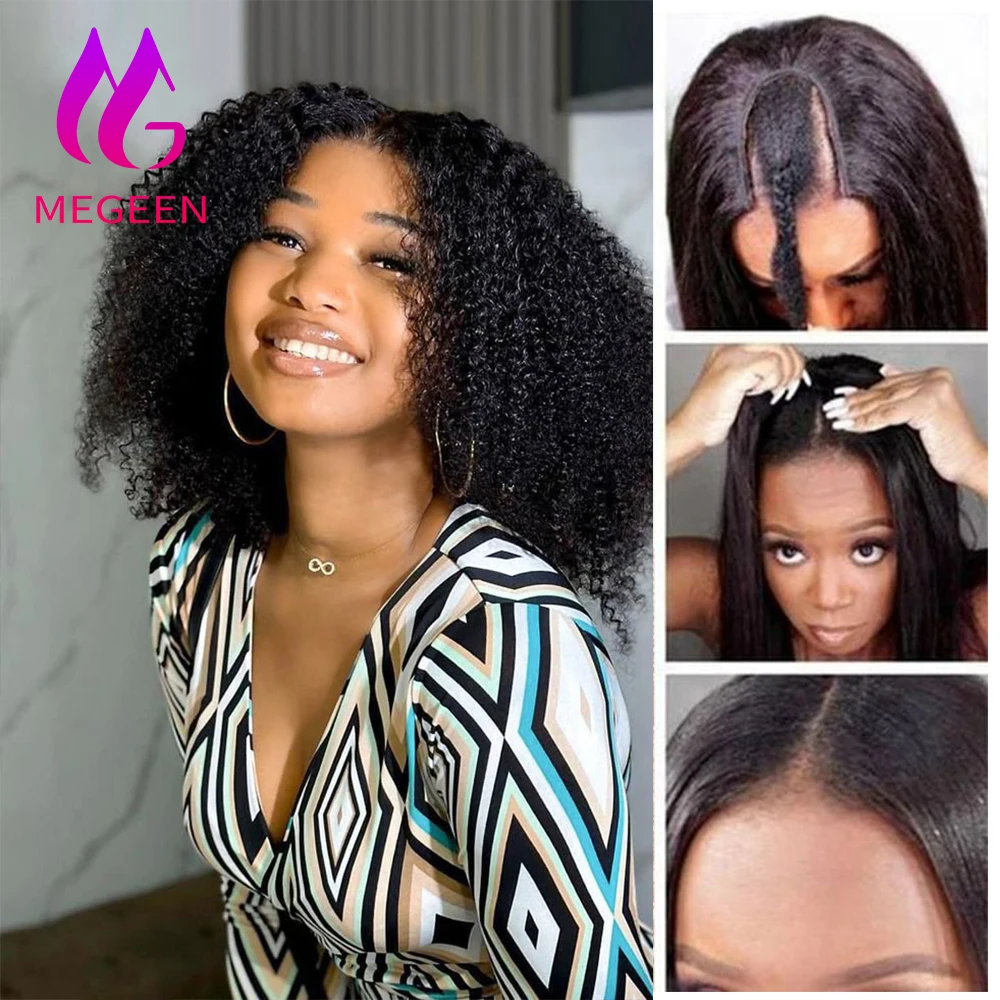 

Megeen U Part Wigs Human Hair Full Machine Wigs Kinky Curly No Sew In No Glue Virgin Hair For Women Beginner Friendly 18-30 Inch