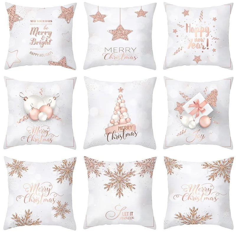 

Home Decor Merry Christmas Pillowcase Pink Polyester Rose Gold Car Christmas Decorations Sofa Lumbar Pillow funda de almohada