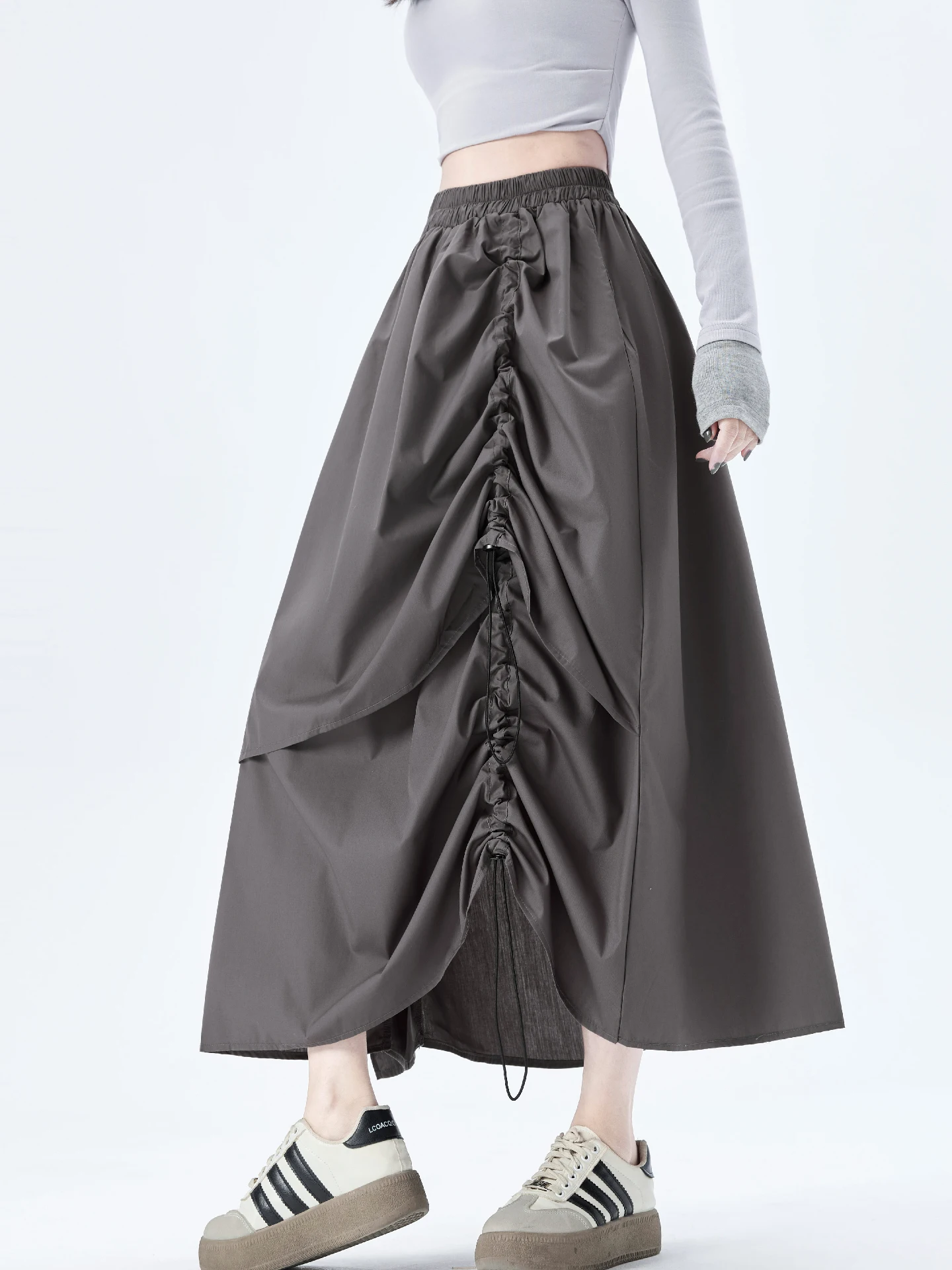 

Unique Women's Spring Summer A-Line Midi Skirt with Dstring Irregular Pleats High Waist Casual Comfortable Korean Sle