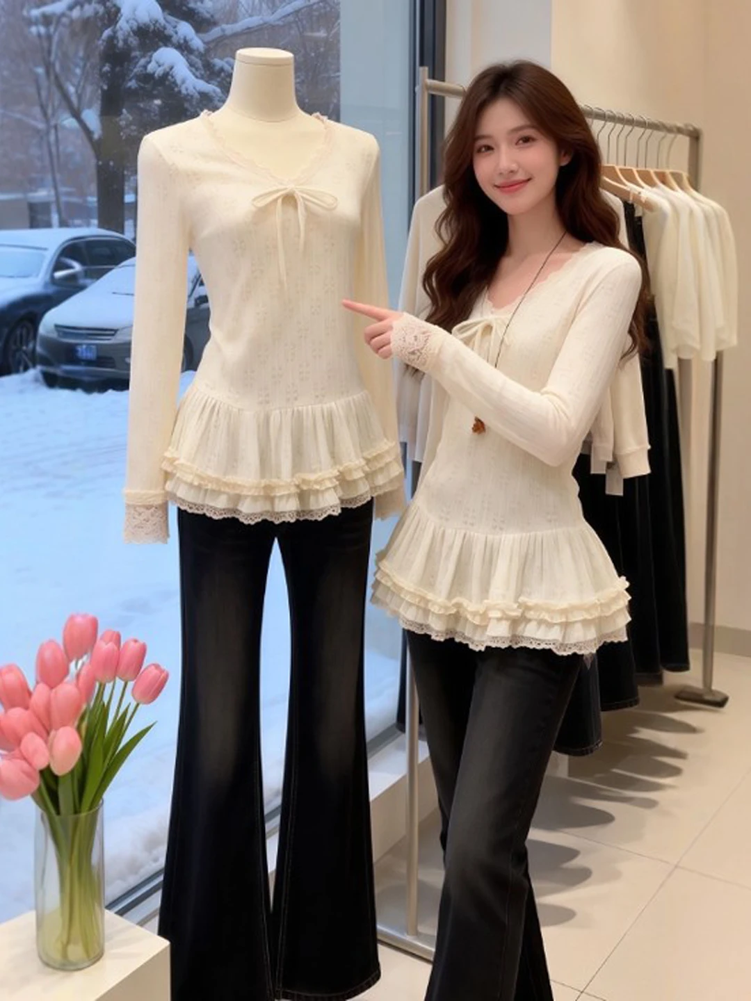 

Женская трикотажная футболка с эффектом похудения, подчеркивающая талию, модная, весна 2026, с длинным рукавом, V-образным вырезом, повседневная, комфортная, мягкая