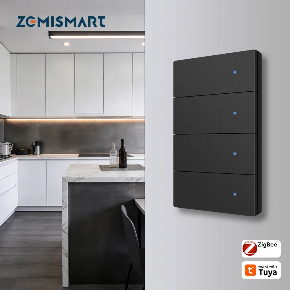 

Zemismart Zigbee, черные физические кнопочные переключатели из алюминиевого сплава 1, 2, 3, 4 клейки, требуется нейтраль, работает с приложением Tuya Smart Life
