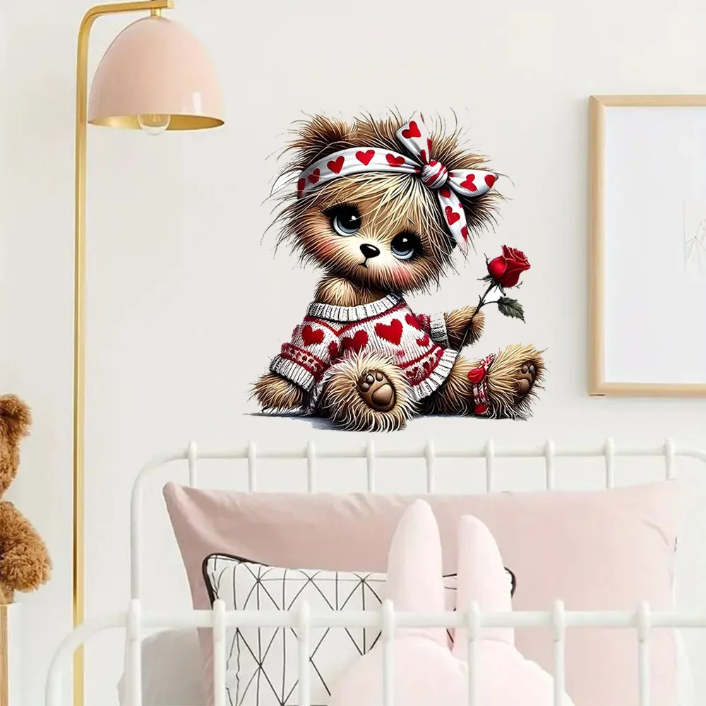 Puppy Holding Fresh Flowers Vinyl Sticker  Self-adhesive, Bright Wall for Home, Cabinet, Door,Refrigerator Decoration, Vinyl Car