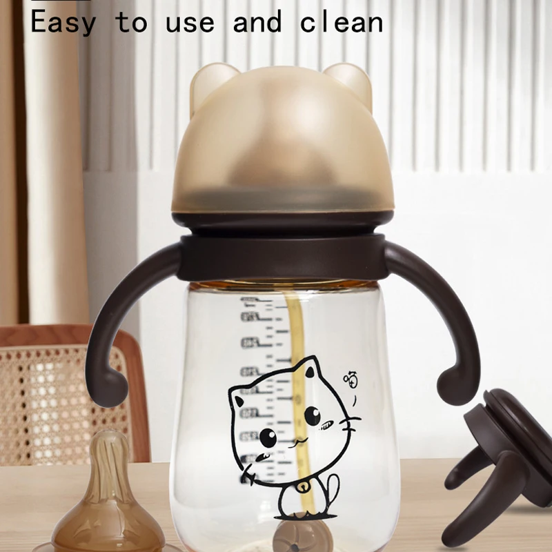 Baby Bottle with Handle; Anti-Drop, Anti-Choking Bottle; Anti-Flatulence Straw; Nano-Antibacterial Nipple; Baby Bottle