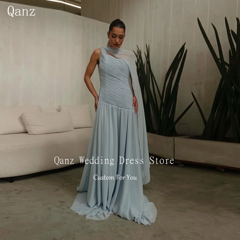 

Qanz Elegant Chiffon Evening Dress One Shoulder Long A Line Women's Wedding Party Attire Backless Vestidos De Fiesta Customized
