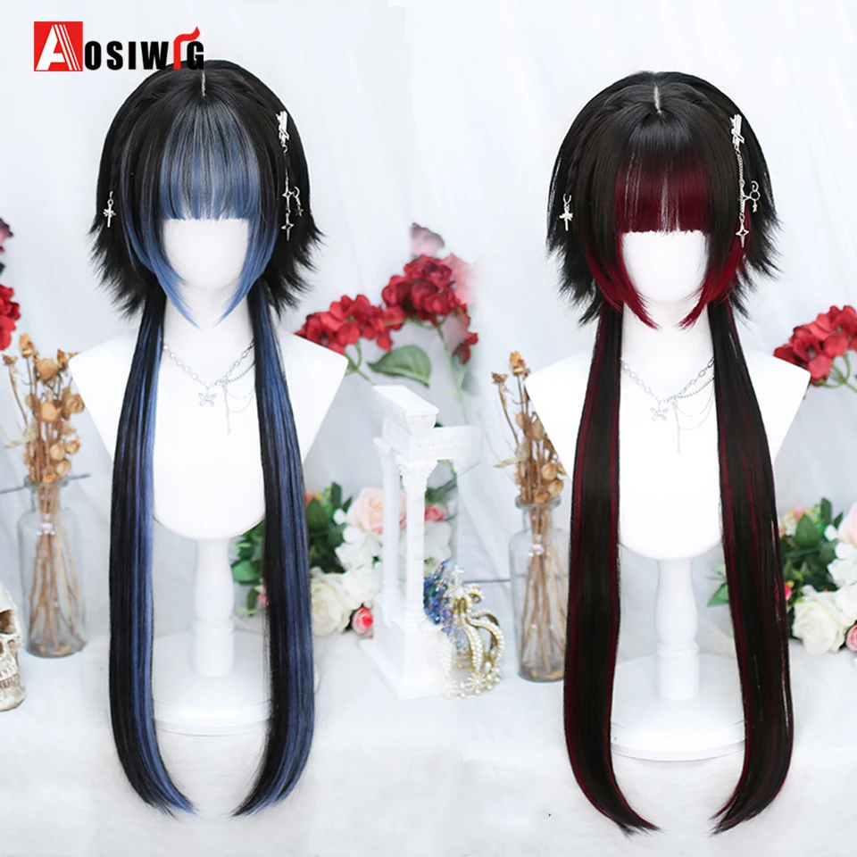 AOSIWIG Y2k rambut palsu sintetis lurus panjang, Wig Harajuku Lolita dengan poni warna hitam biru, rambut pesta Cosplay harian