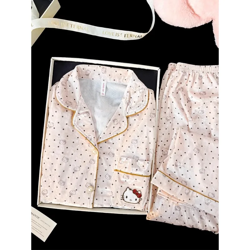 

Hello Kitty pajamas set, spring and autumn golden velvet pajamas two-piece set, cartoon cute loungewear, Sanrio loungewear
