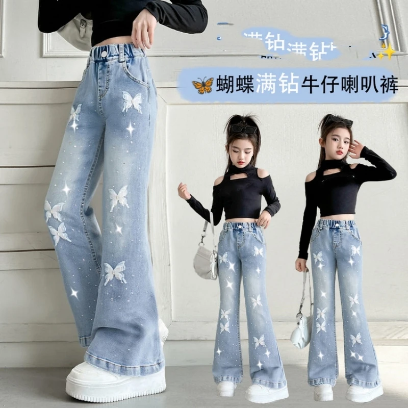 

Girls' Rhinestone Micro-Flare Jeans | 3D Butterfly Embroidered Bell-Bottoms | 2026 Summer New Arrival | Summer Long Pants