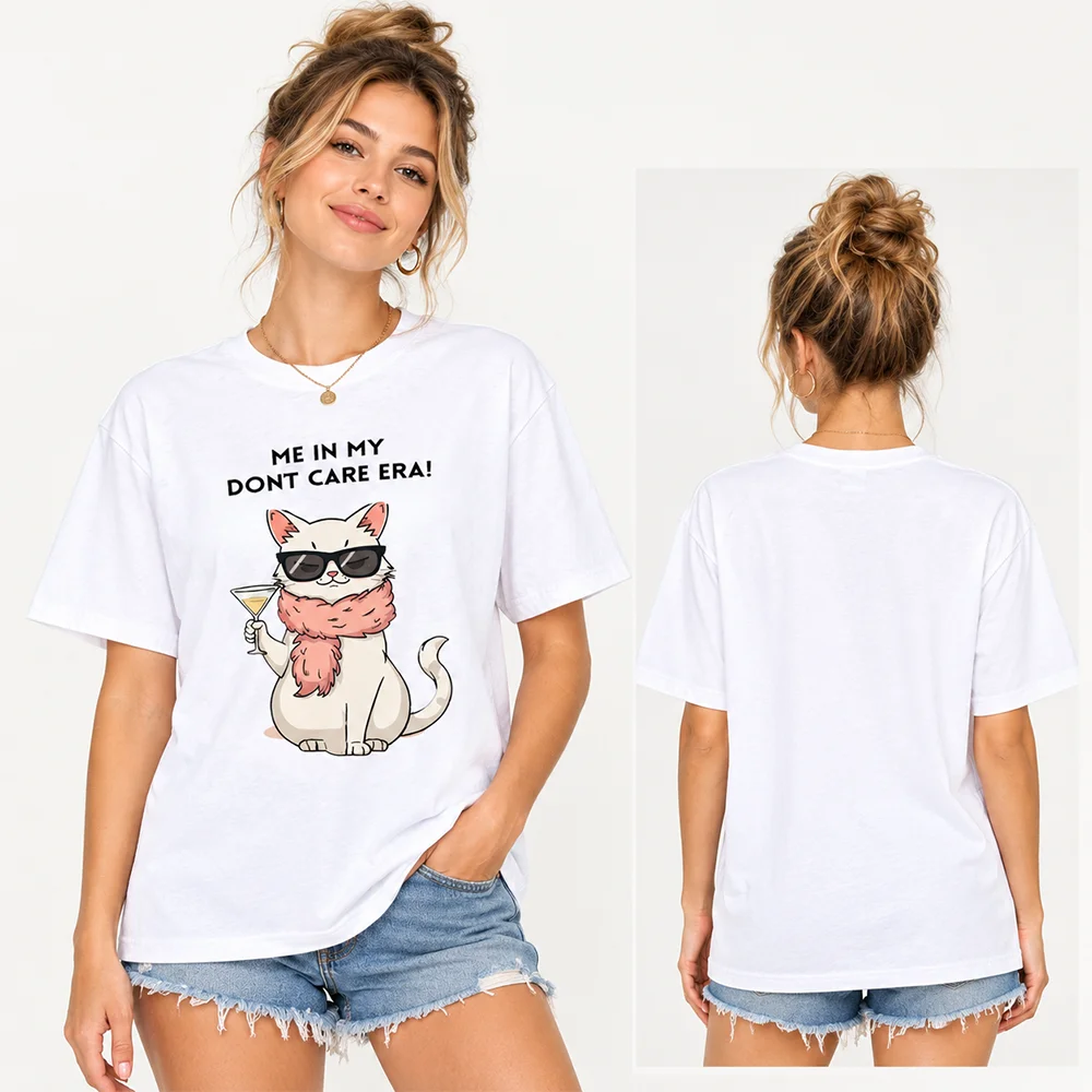 Women's Graphic T Shirt Cat Sunglasses Cocktail Print Funny Don't Care Era Tee Casual Summer Short Sleeve Top