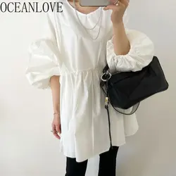 OCEANLOVE Blusas Mujer Spring Autumn Lantern Sleeve Solid Vintage Japan Style Women Shirts Elegant Loose O Neck Blouses