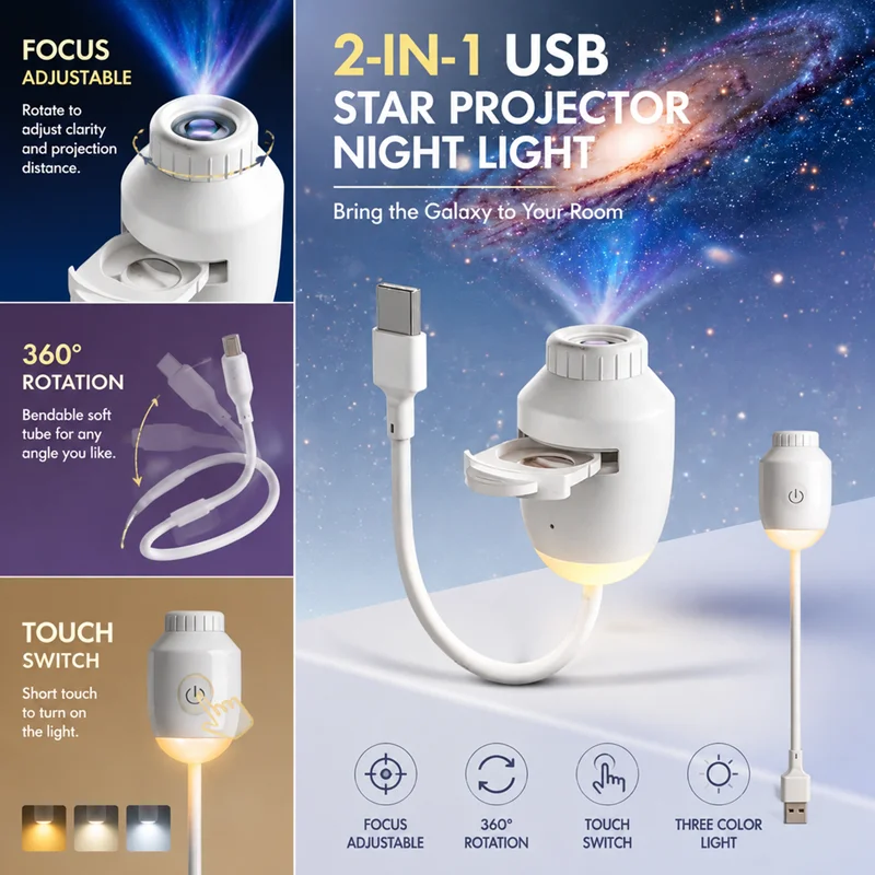 USB 2‑in‑1 Star Projector Adjustable Brightness Night Light Ambient Light 360 Bendable Zoomable Projection Multi‑Pattern Lamp