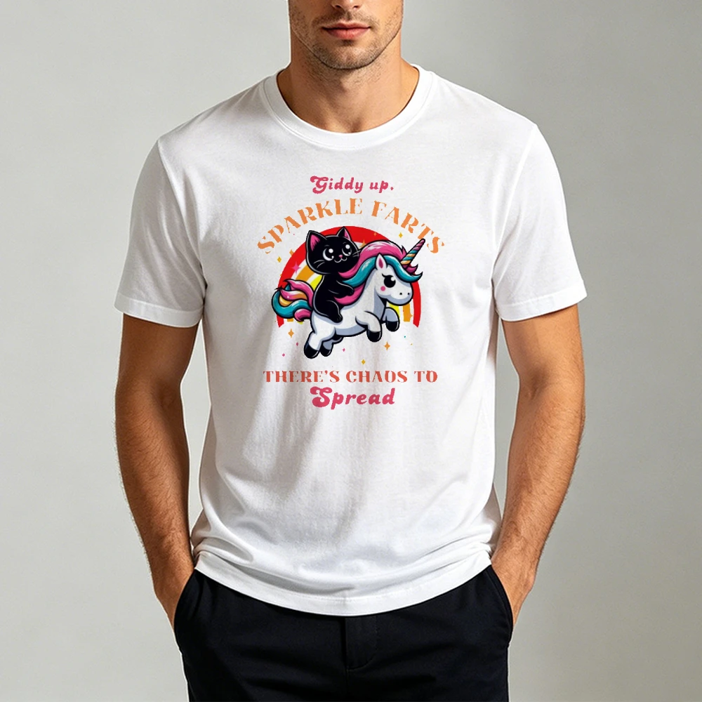 Giddy Up Sparkle Farts Black Cat On Rainbow Unicorn Men Summer T Shirt Cheerful Chaotic Fantasy Cartoon Short Sleeve Casual Top