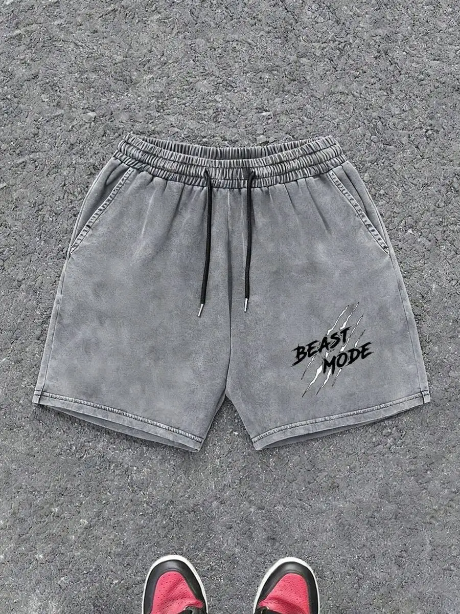 

Vintage Print Casual Shorts With Elastic Waist And Drawstring Beast Mode Design