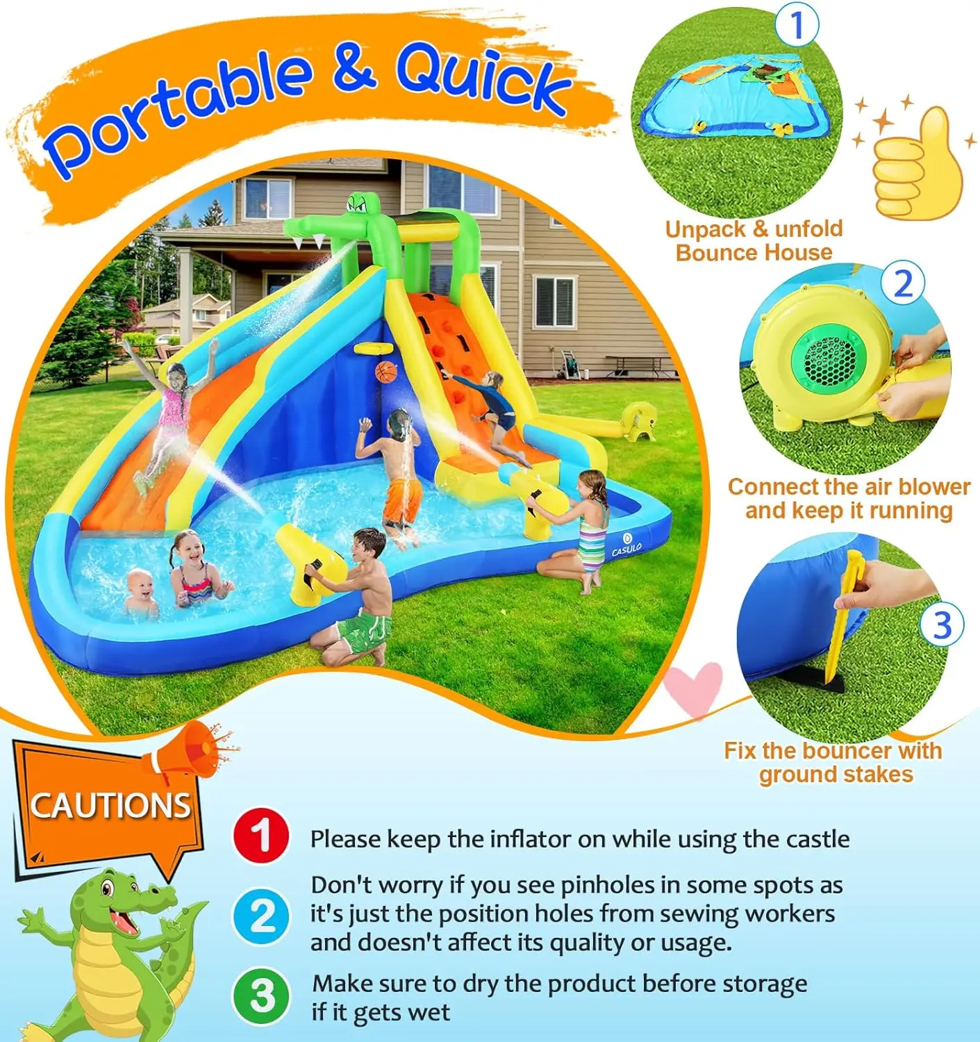 子供用インフレータブルウォータースライド、8in 1、ウォータースライド、450wブロワー付きインフレータブル、2つの銃、クライミングウォール、SPL、ウォーターパーク、152x138x89"