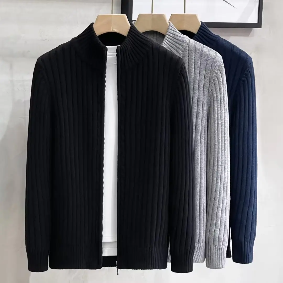 Autumn Winter Slim Stand Collar Zip-Up Knit Cardigan Men's Business Casual Long Sleeve Outerwear