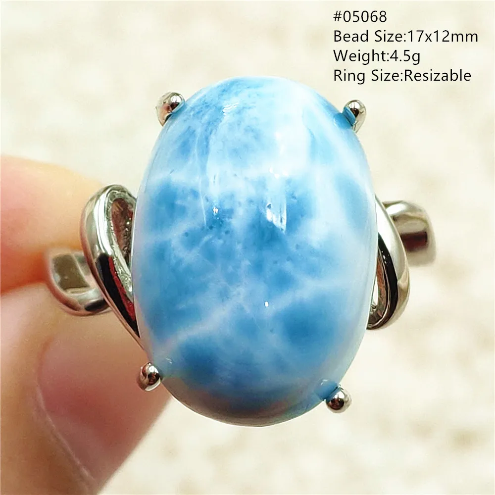 Natural Blue Larimar Adjustable Ring 925 Sterling Silver Larimar Gemstone Women Men Water Pattern AAAAA