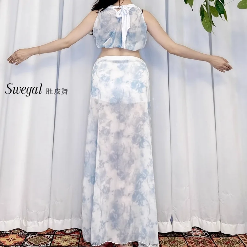 

Customized Belly Dance Suit Printing Mesh Top Short Sleeves Split Skirt Practice Clothes Set Female Elegant Performance Clothing