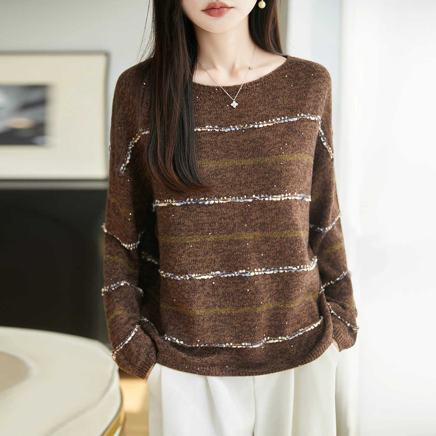 Color blocking striped sequin spun wool knitted base pullover for women's autumn and winter new loose round neck lazy versatile