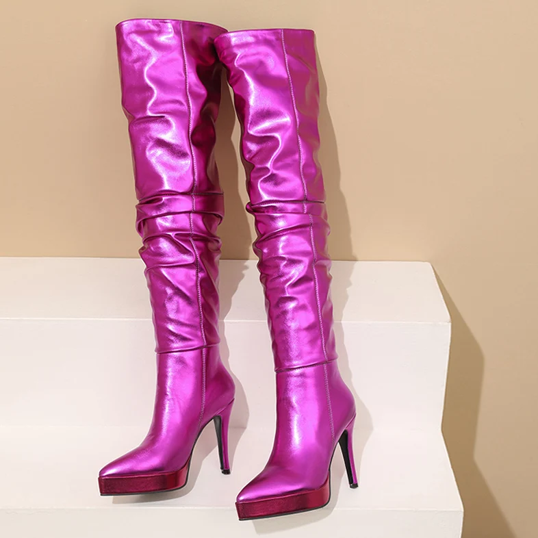 

2025 European and American Fashion Thick Sole Thick Heel Thin Heel 11CM Knee Club Plastic Leg Pointed Toe Knee Boots