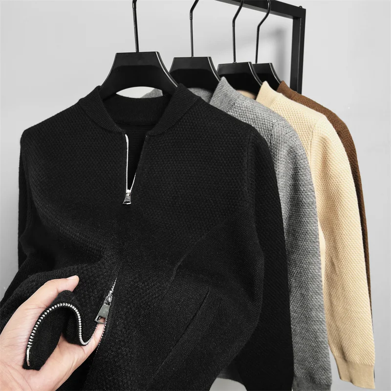 High-end Autumn and Winter Men's Solid Color Waffle Design Zipper Cardigan Korean Style Knitted Sweater Fashion Casual Tops